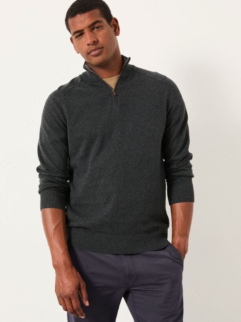 FatFace Rye Charcoal Grey Quarter Zip Sweater Cotton/Cashmere Blend